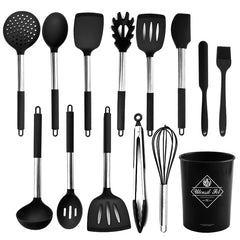 Silicone Kitchen Cooking Spatula Spoon Baking Tools 13-piece Set with Storage Bucket