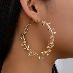 Oversized Earrings, Exaggerated Flowers, Branches and Leaves, Large Golden Rings, Sweet, Cool, Fashionable and Elegant Earrings