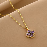 Zirconia Violet Four-leaf Clover Pendant Accessory Titanium Steel Necklace, Versatile Collarbone Chain for Women