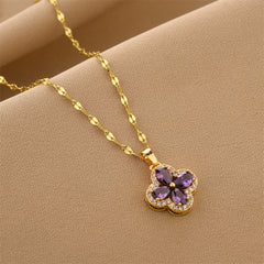 Zirconia Violet Four-leaf Clover Pendant Accessory Titanium Steel Necklace, Versatile Collarbone Chain for Women