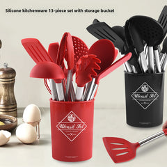 Silicone Kitchen Cooking Spatula Spoon Baking Tools 13-piece Set with Storage Bucket