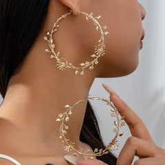 Oversized Earrings, Exaggerated Flowers, Branches and Leaves, Large Golden Rings, Sweet, Cool, Fashionable and Elegant Earrings