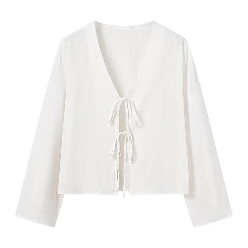 Women's Lace-up Cardigan, Thin Flared Sleeves, Long Sleeves, Solid Color Top