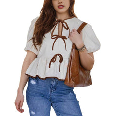 Ladies' Retro-style Bow Design Loose Puffed-sleeve Shirt Short-sleeved