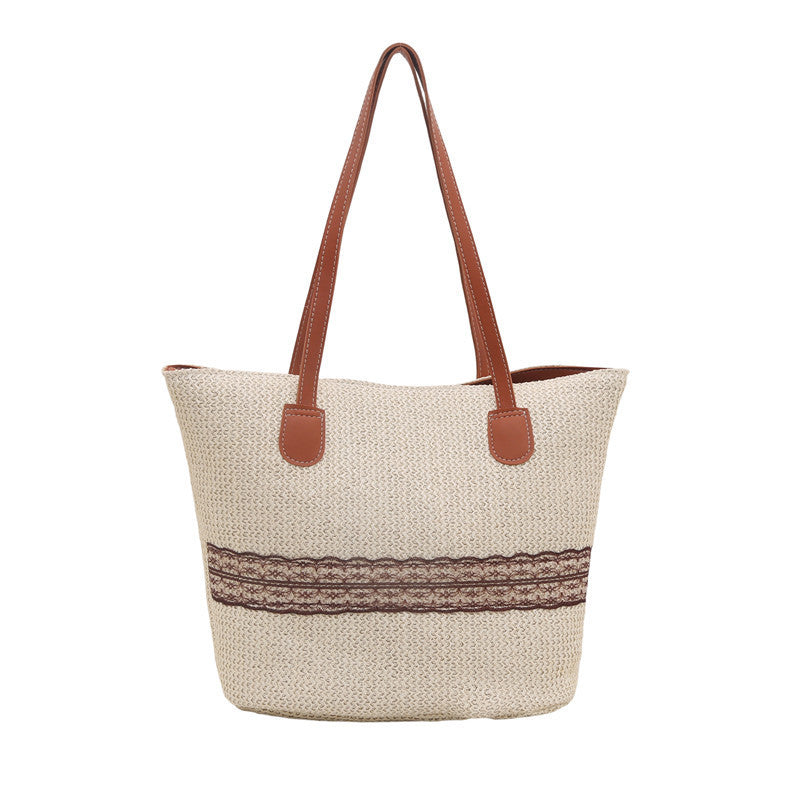 Straw Woven Hand-held Tote Bag for Women, Large-capacity Color-blocking Single-shoulder Bag