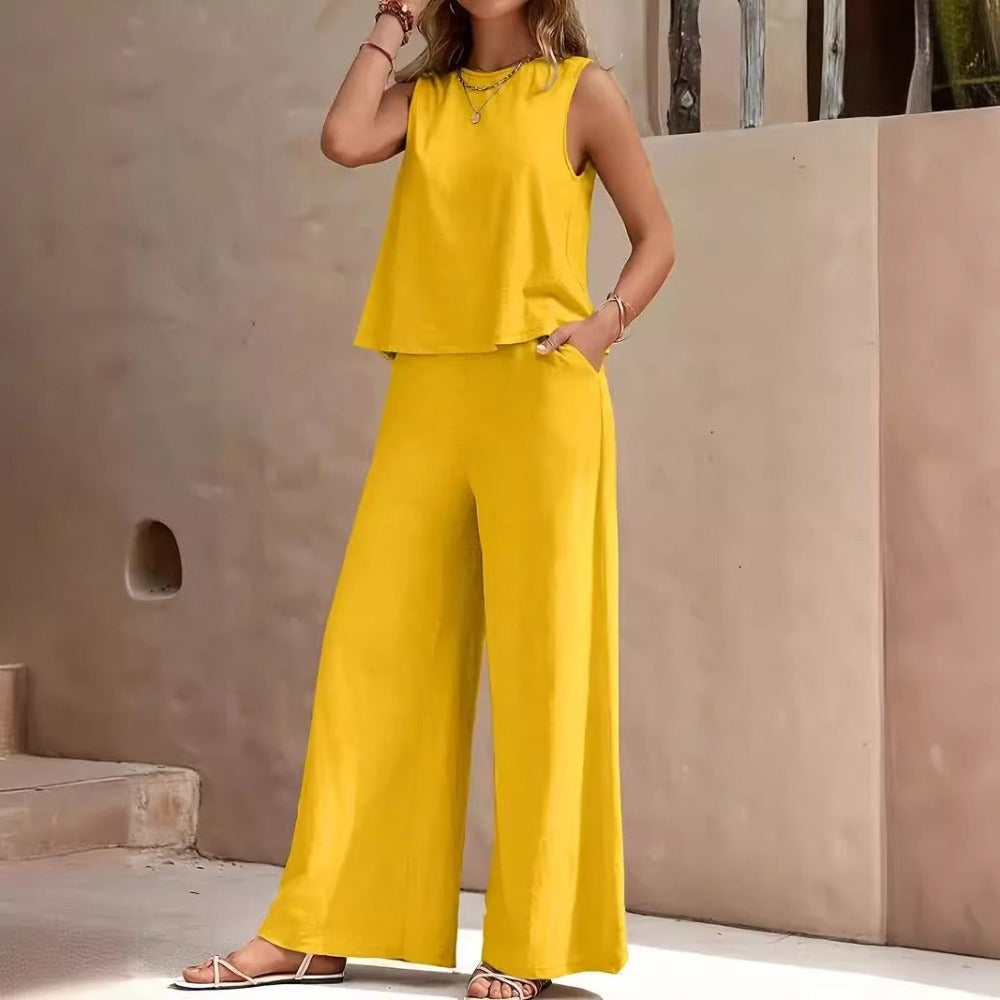Solid Color Elegant Two-piece Set of Round-neck Vest and Wide-leg Pants for Women's Wear
