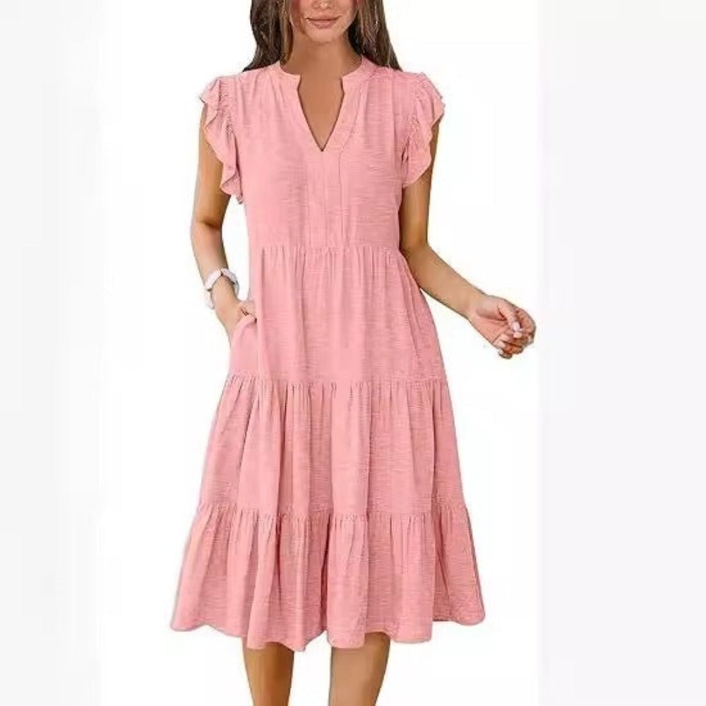 V-neck, Lotus Leaf Sleeve, Mid-length, Patchwork, Large Swing Pocket Dress