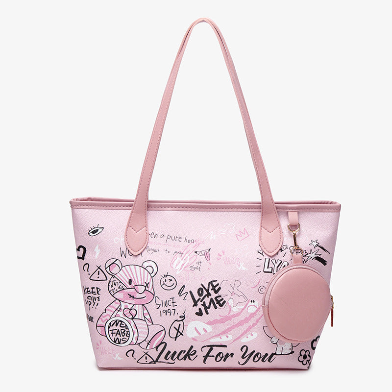 Versatile and Fashionable Teddy Bear Graffiti Bucket Bag