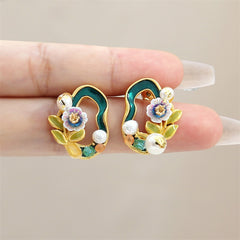 Oil Painting Geometric Flower Freshwater Pearl Stud Earrings, Antique Style Earrings, Simple, Exquisite and High-end Earrings