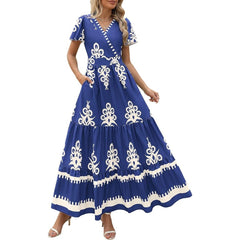 New V-neck Bohemian Flowing Flared Sleeve Layered Printed Dress