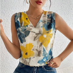 Spring and Summer New Flower-printed V-neck Sleeveless Top