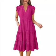 V-neck, Lotus Leaf Sleeve, Mid-length, Patchwork, Large Swing Pocket Dress