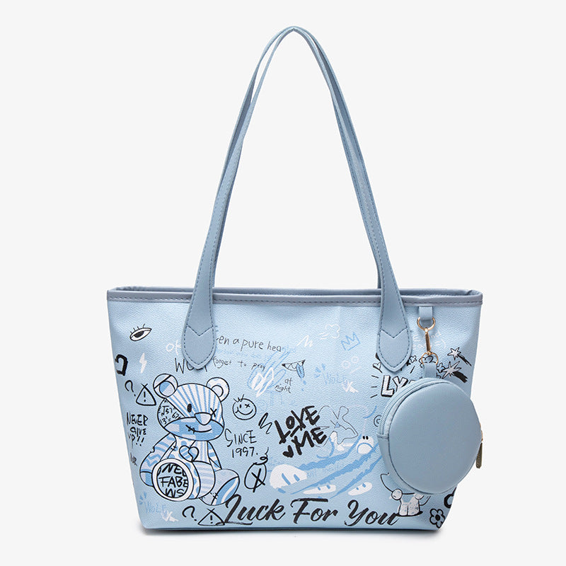 Versatile and Fashionable Teddy Bear Graffiti Bucket Bag