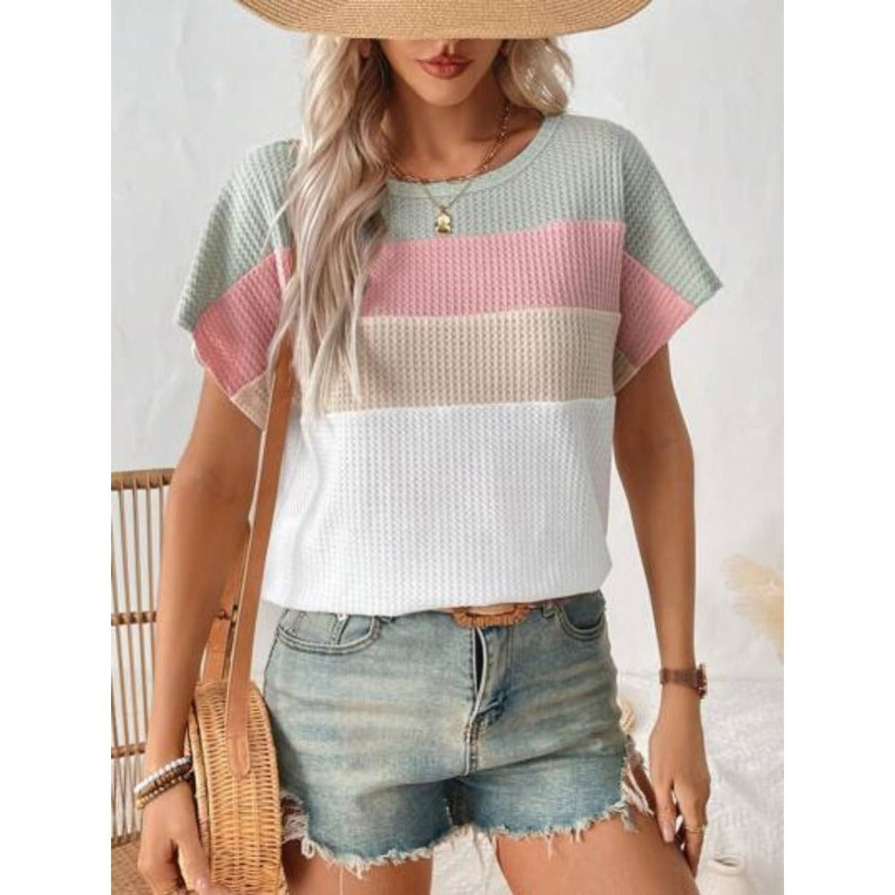The New Summer Casual Three-tone Design of The Women's Round-neck Short-sleeved T-shirt