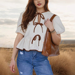 Ladies' Retro-style Bow Design Loose Puffed-sleeve Shirt Short-sleeved