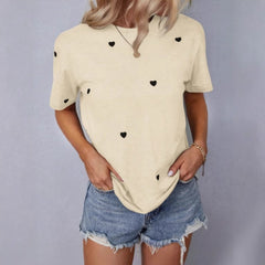 Sweet Short-sleeved, Round-neck, Loose Knitted Heart-shaped T-shirt