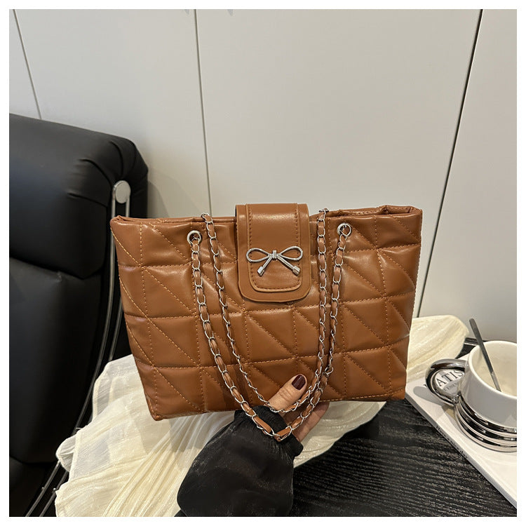 Soft Texture, Diamond-shaped Chain, Large Capacity, Fashionable and Casual, Bow Single-shoulder Tote Bag