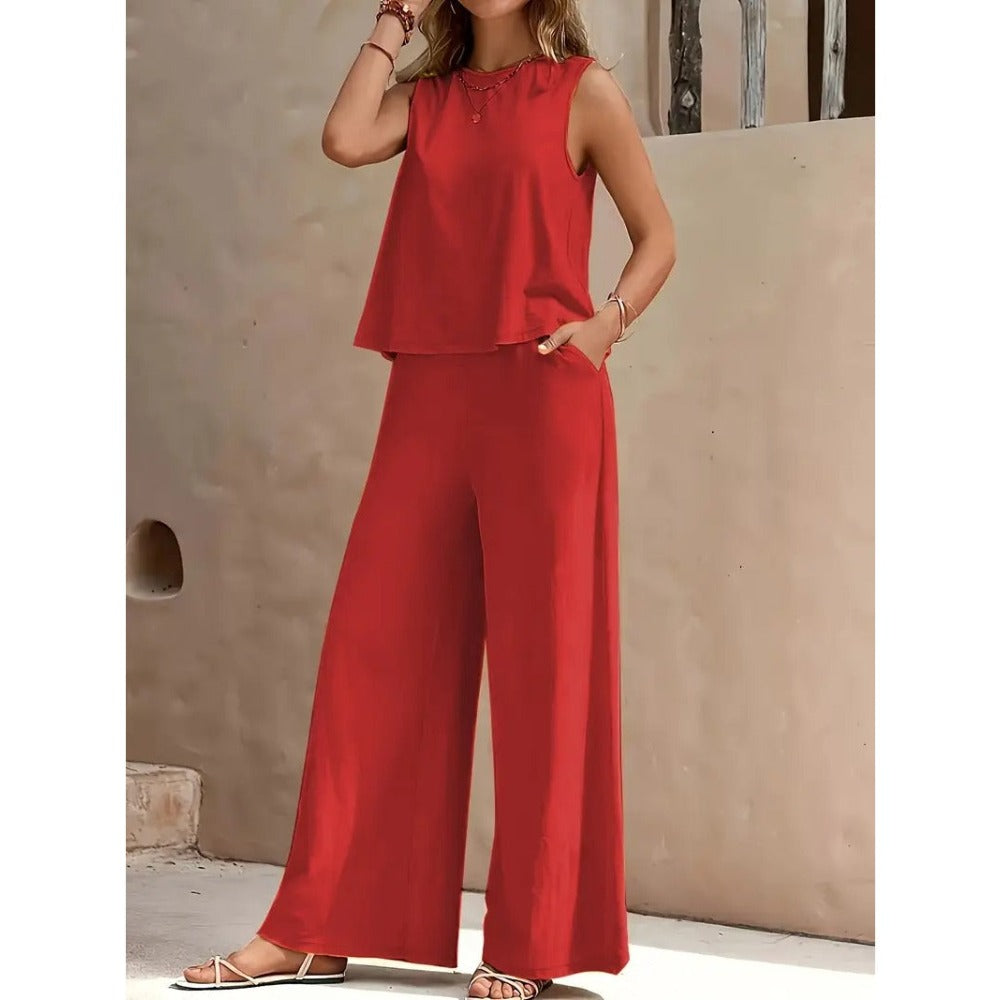 Solid Color Elegant Two-piece Set of Round-neck Vest and Wide-leg Pants for Women's Wear