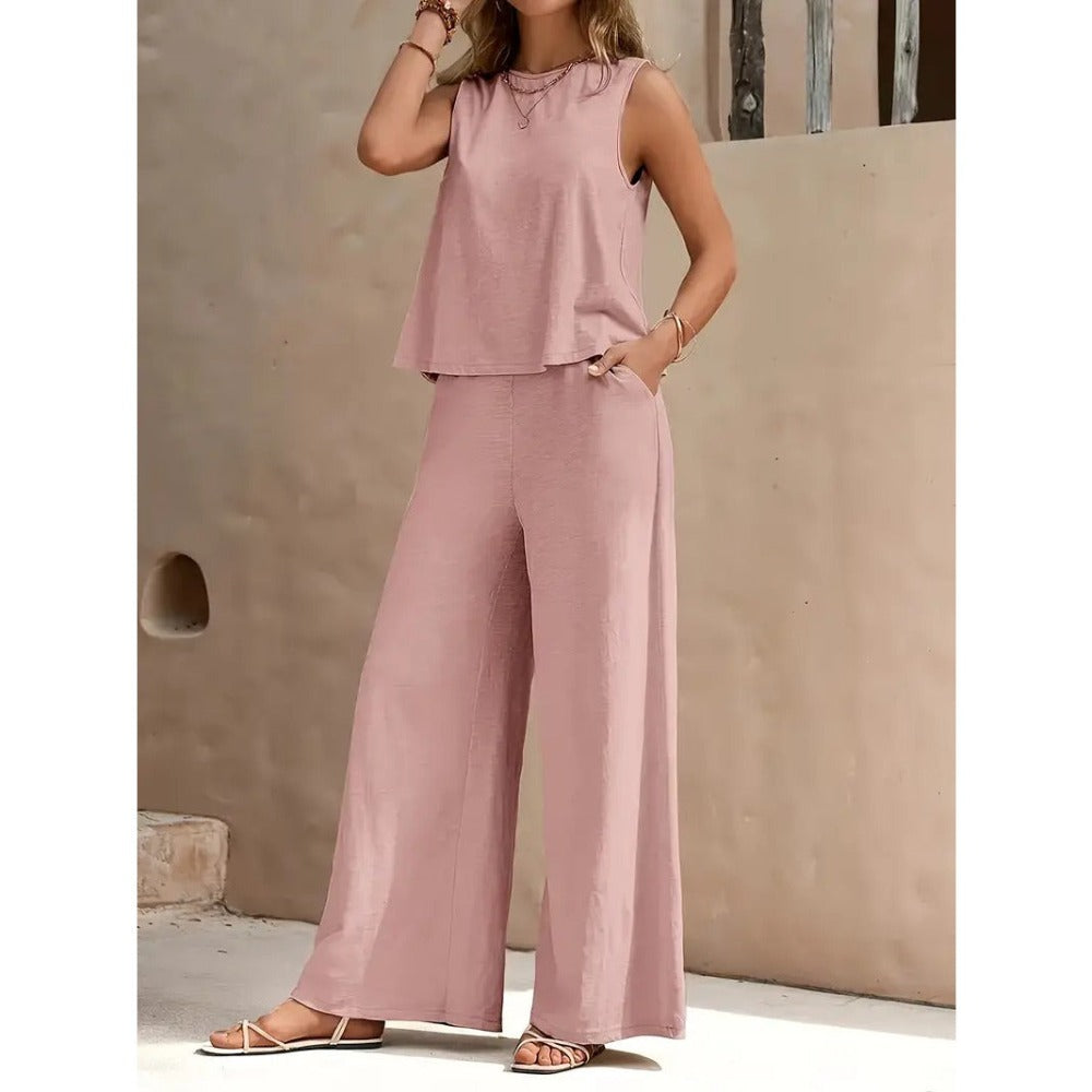 Solid Color Elegant Two-piece Set of Round-neck Vest and Wide-leg Pants for Women's Wear