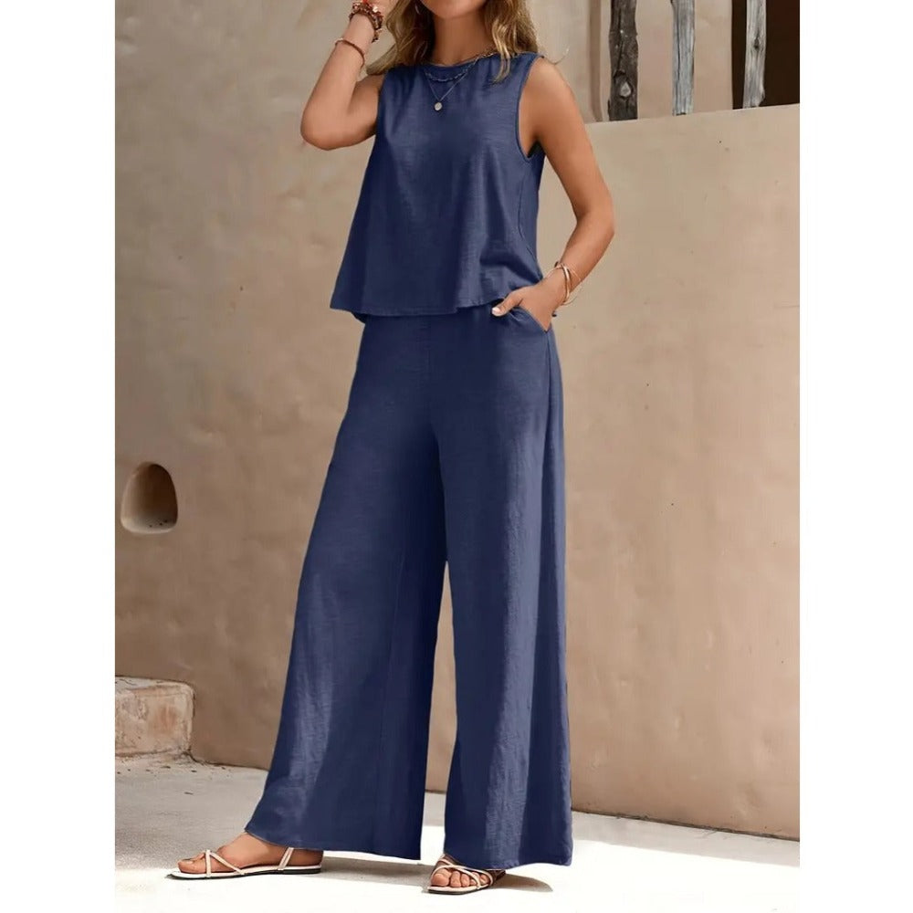 Solid Color Elegant Two-piece Set of Round-neck Vest and Wide-leg Pants for Women's Wear