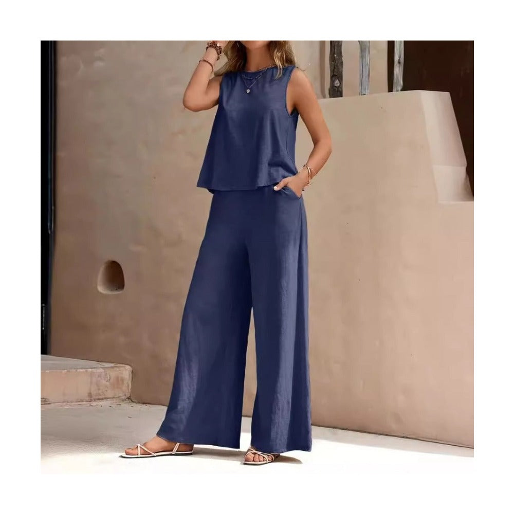 Solid Color Elegant Two-piece Set of Round-neck Vest and Wide-leg Pants for Women's Wear