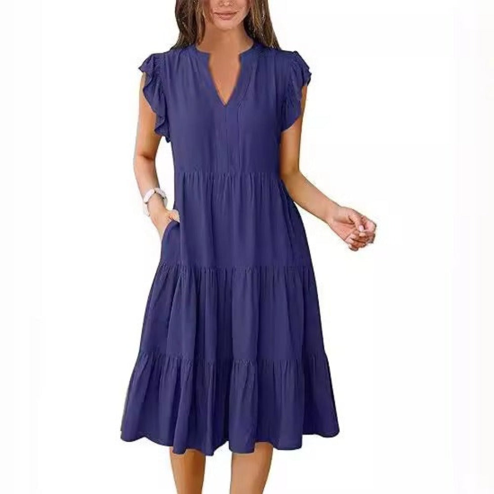 V-neck, Lotus Leaf Sleeve, Mid-length, Patchwork, Large Swing Pocket Dress
