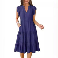 V-neck, Lotus Leaf Sleeve, Mid-length, Patchwork, Large Swing Pocket Dress