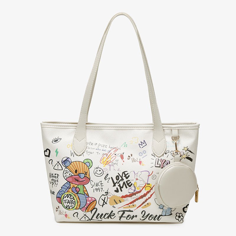 Versatile and Fashionable Teddy Bear Graffiti Bucket Bag