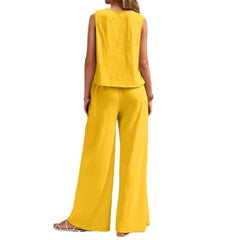 Solid Color Elegant Two-piece Set of Round-neck Vest and Wide-leg Pants for Women's Wear