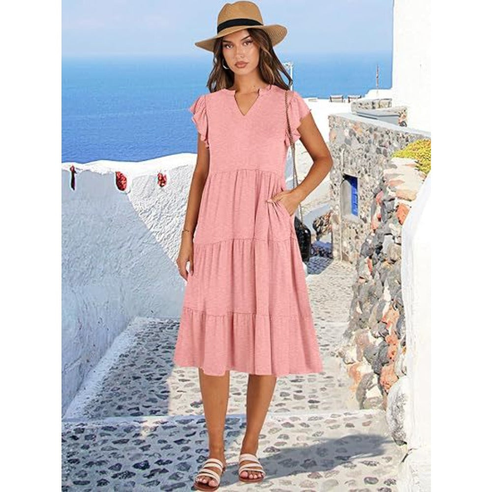 V-neck, Lotus Leaf Sleeve, Mid-length, Patchwork, Large Swing Pocket Dress