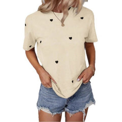 Sweet Short-sleeved, Round-neck, Loose Knitted Heart-shaped T-shirt