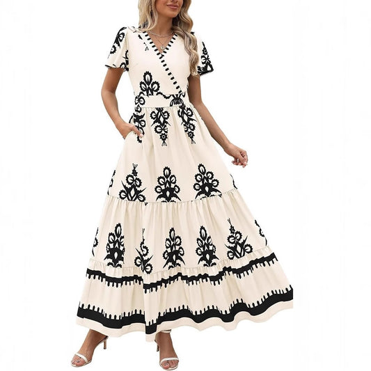New V-neck Bohemian Flowing Flared Sleeve Layered Printed Dress