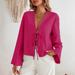 Women's Lace-up Cardigan, Thin Flared Sleeves, Long Sleeves, Solid Color Top
