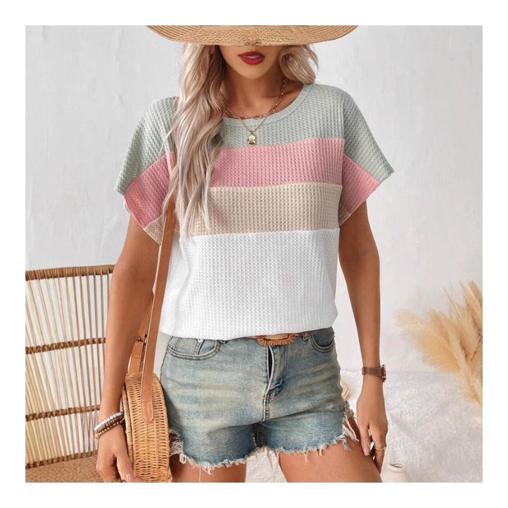 The New Summer Casual Three-tone Design of The Women's Round-neck Short-sleeved T-shirt