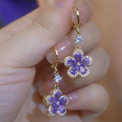 Purple Zircon Flower Earrings, Fashionable and Elegant, High-end Five-petal Flower Earrings, Niche and Simple Ear Buckles for Women