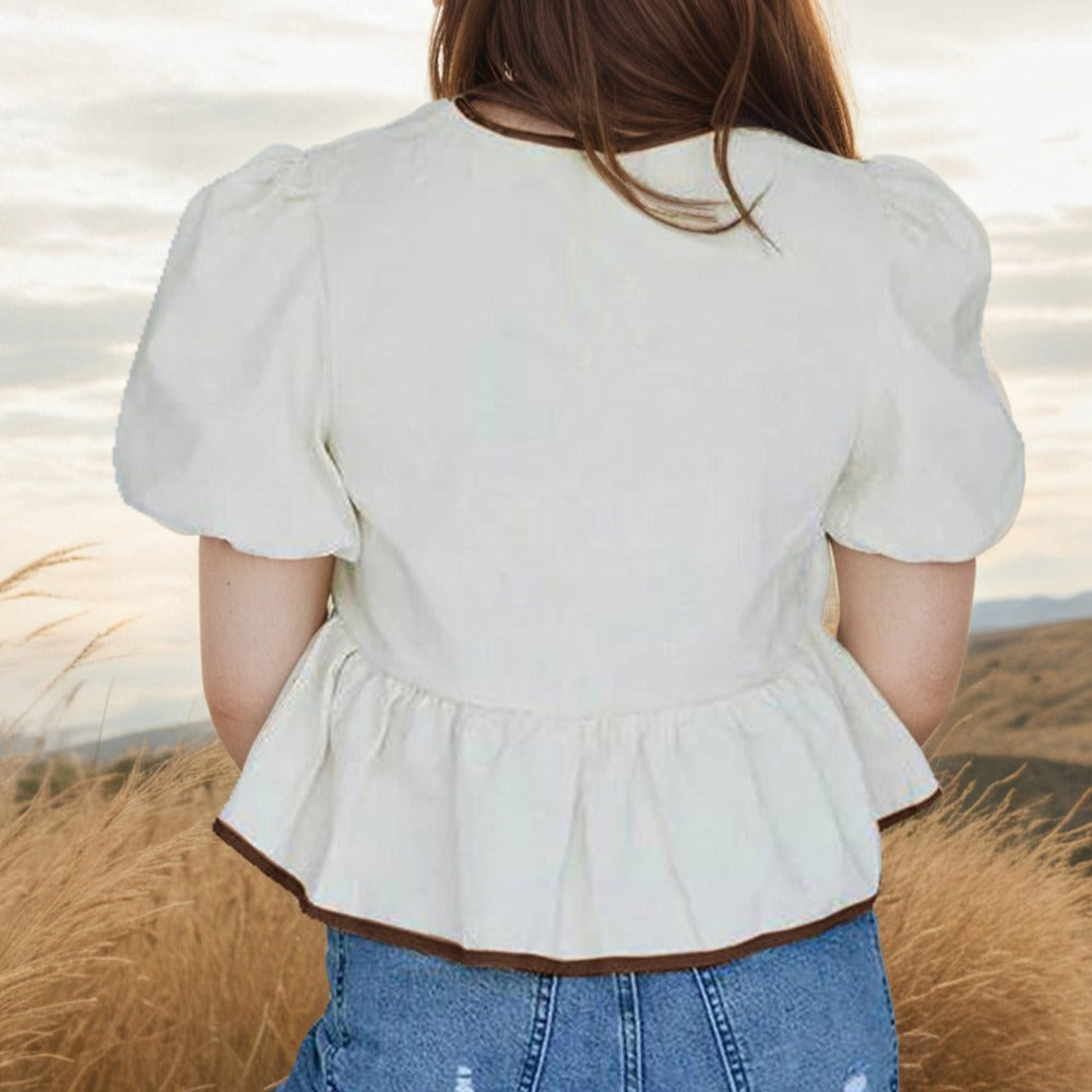 Ladies' Retro-style Bow Design Loose Puffed-sleeve Shirt Short-sleeved