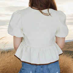 Ladies' Retro-style Bow Design Loose Puffed-sleeve Shirt Short-sleeved