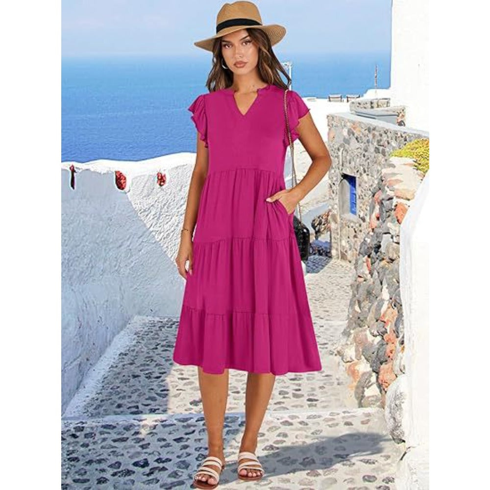 V-neck, Lotus Leaf Sleeve, Mid-length, Patchwork, Large Swing Pocket Dress