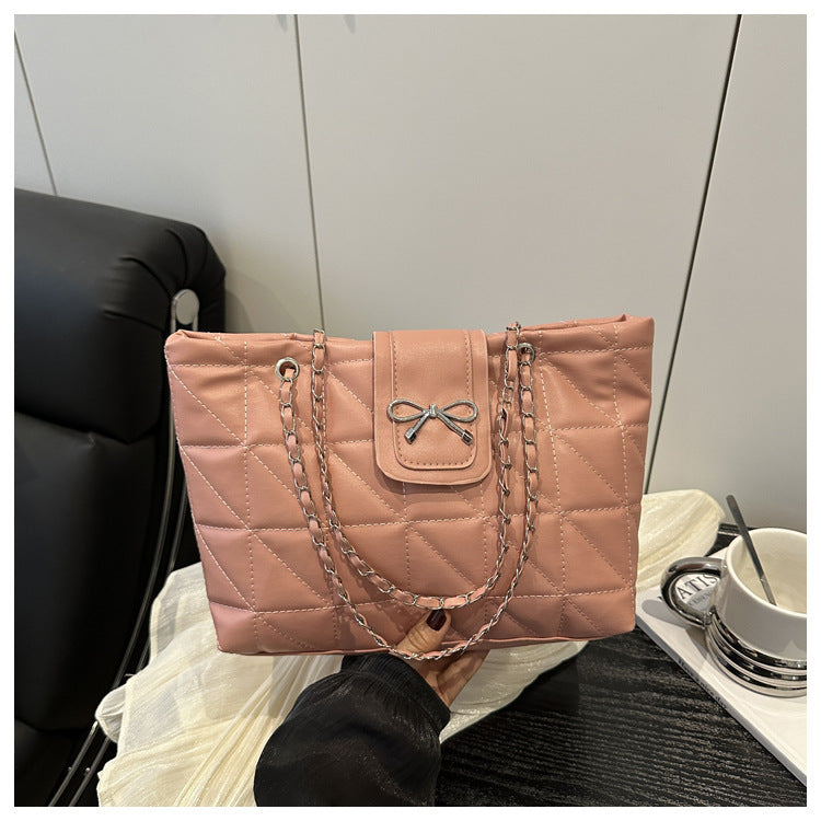 Soft Texture, Diamond-shaped Chain, Large Capacity, Fashionable and Casual, Bow Single-shoulder Tote Bag