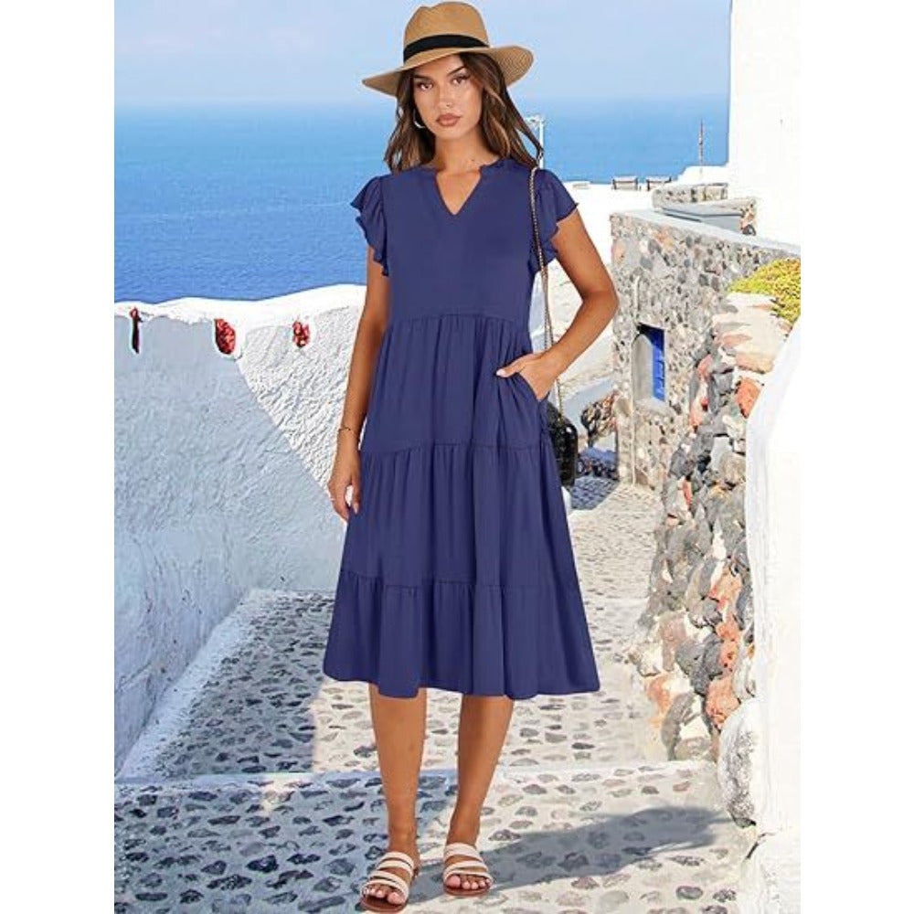 V-neck, Lotus Leaf Sleeve, Mid-length, Patchwork, Large Swing Pocket Dress