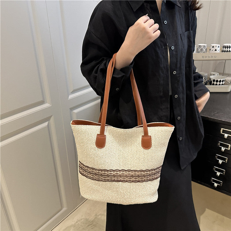 Straw Woven Hand-held Tote Bag for Women, Large-capacity Color-blocking Single-shoulder Bag