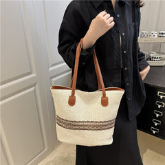 Straw Woven Hand-held Tote Bag for Women, Large-capacity Color-blocking Single-shoulder Bag