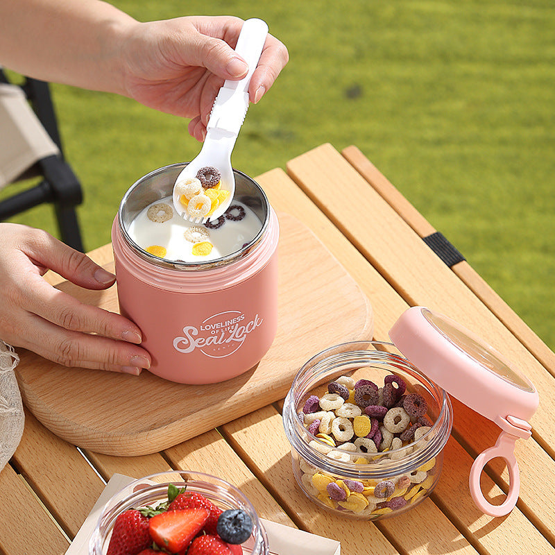 Stainless Steel Large-capacity Insulated, Covered Spoon Breakfast Cup, Oatmeal Cup, Portable for Students and Office Workers