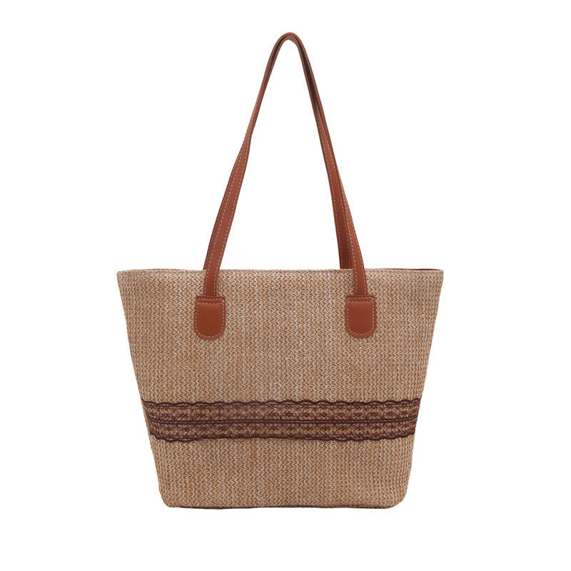 Straw Woven Hand-held Tote Bag for Women, Large-capacity Color-blocking Single-shoulder Bag