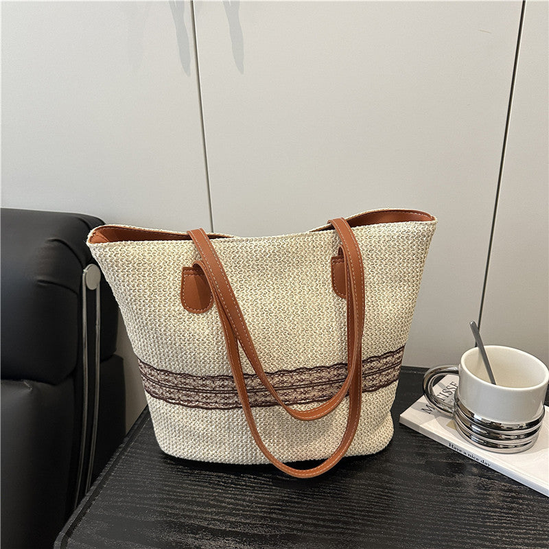 Straw Woven Hand-held Tote Bag for Women, Large-capacity Color-blocking Single-shoulder Bag