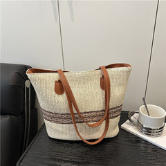 Straw Woven Hand-held Tote Bag for Women, Large-capacity Color-blocking Single-shoulder Bag