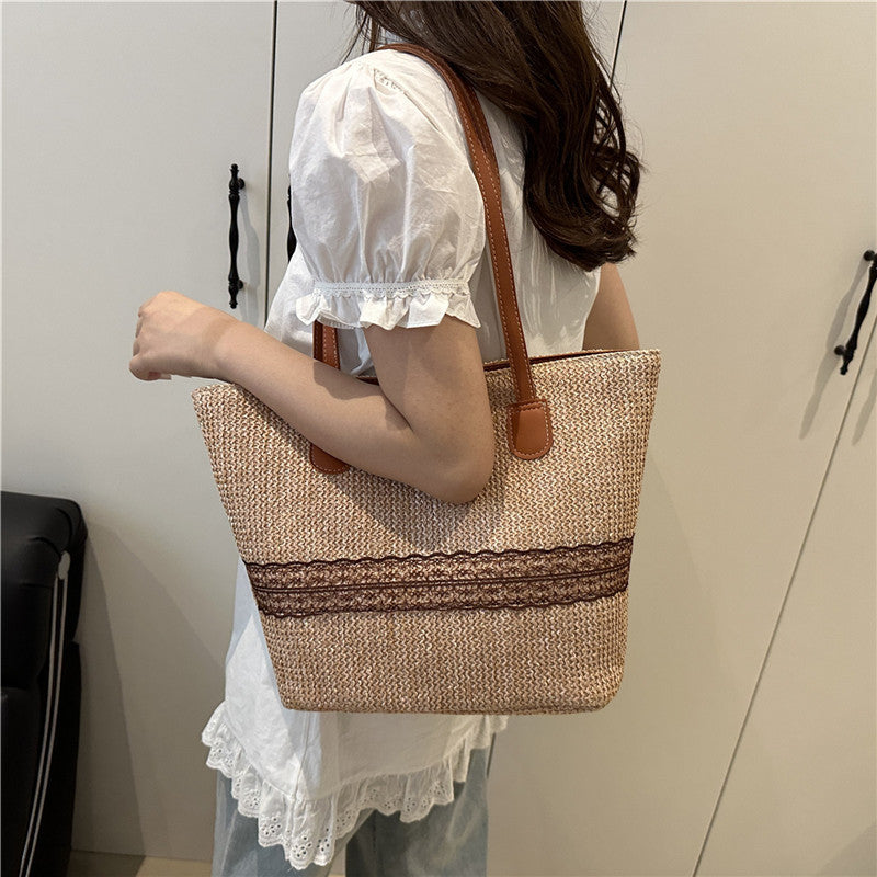Straw Woven Hand-held Tote Bag for Women, Large-capacity Color-blocking Single-shoulder Bag