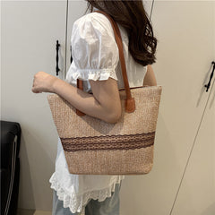 Straw Woven Hand-held Tote Bag for Women, Large-capacity Color-blocking Single-shoulder Bag