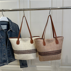 Straw Woven Hand-held Tote Bag for Women, Large-capacity Color-blocking Single-shoulder Bag