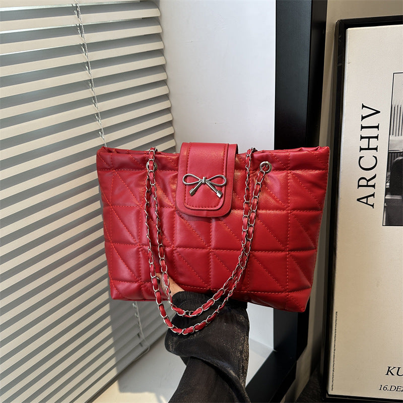 Soft Texture, Diamond-shaped Chain, Large Capacity, Fashionable and Casual, Bow Single-shoulder Tote Bag